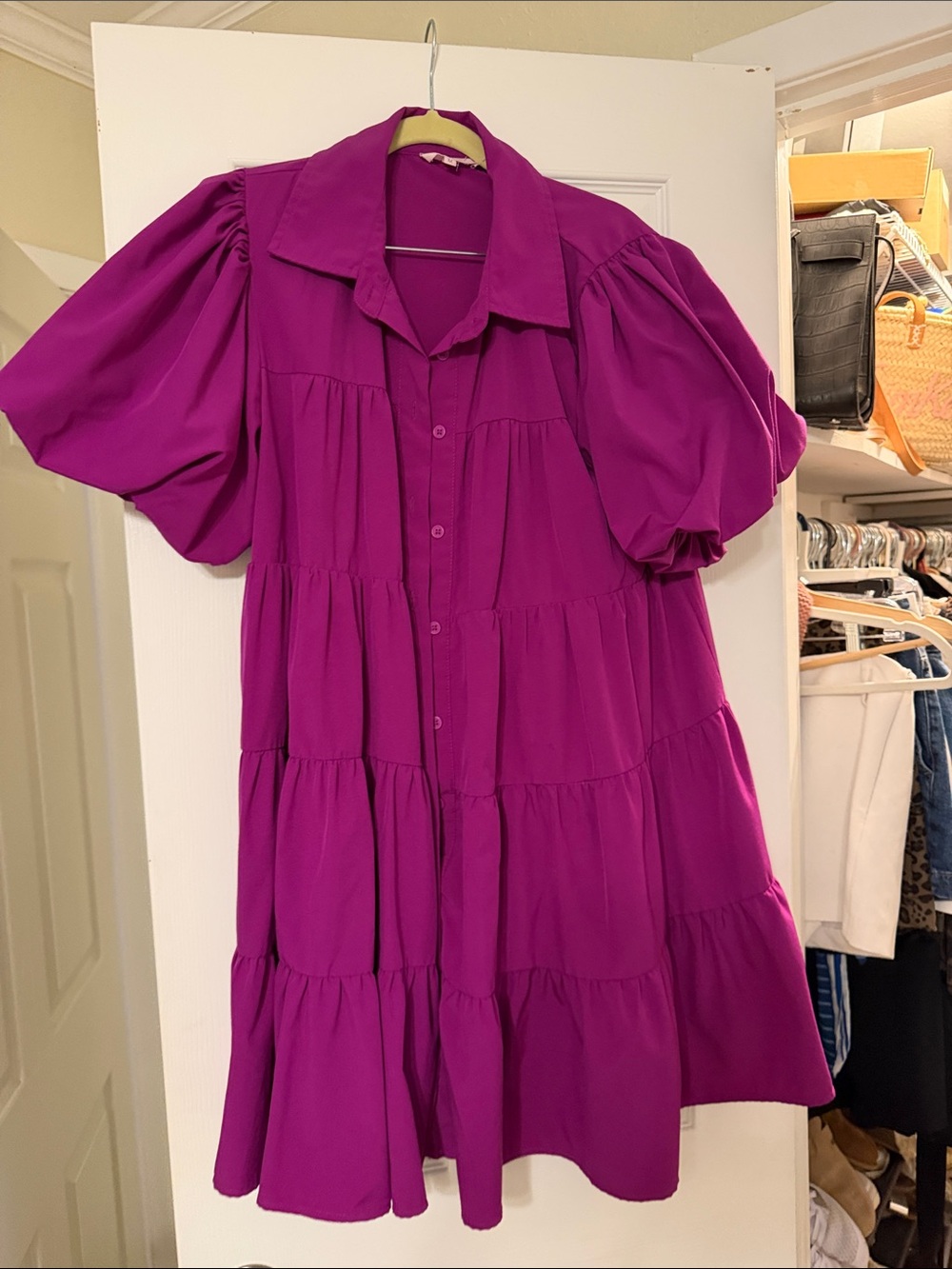 entro Magenta Puff-Sleeve Tiered Shirt Dress